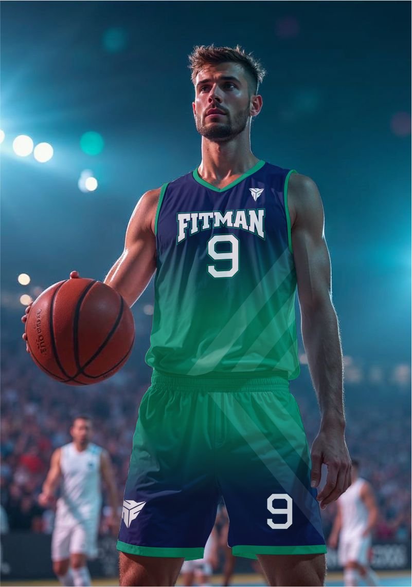 Basketball players showing off custom basketball team jerseys and shorts